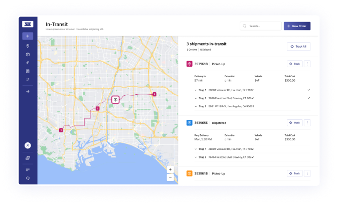 In-Transit Dashboard showing real-time shipment tracking and driver fleet management for businesses